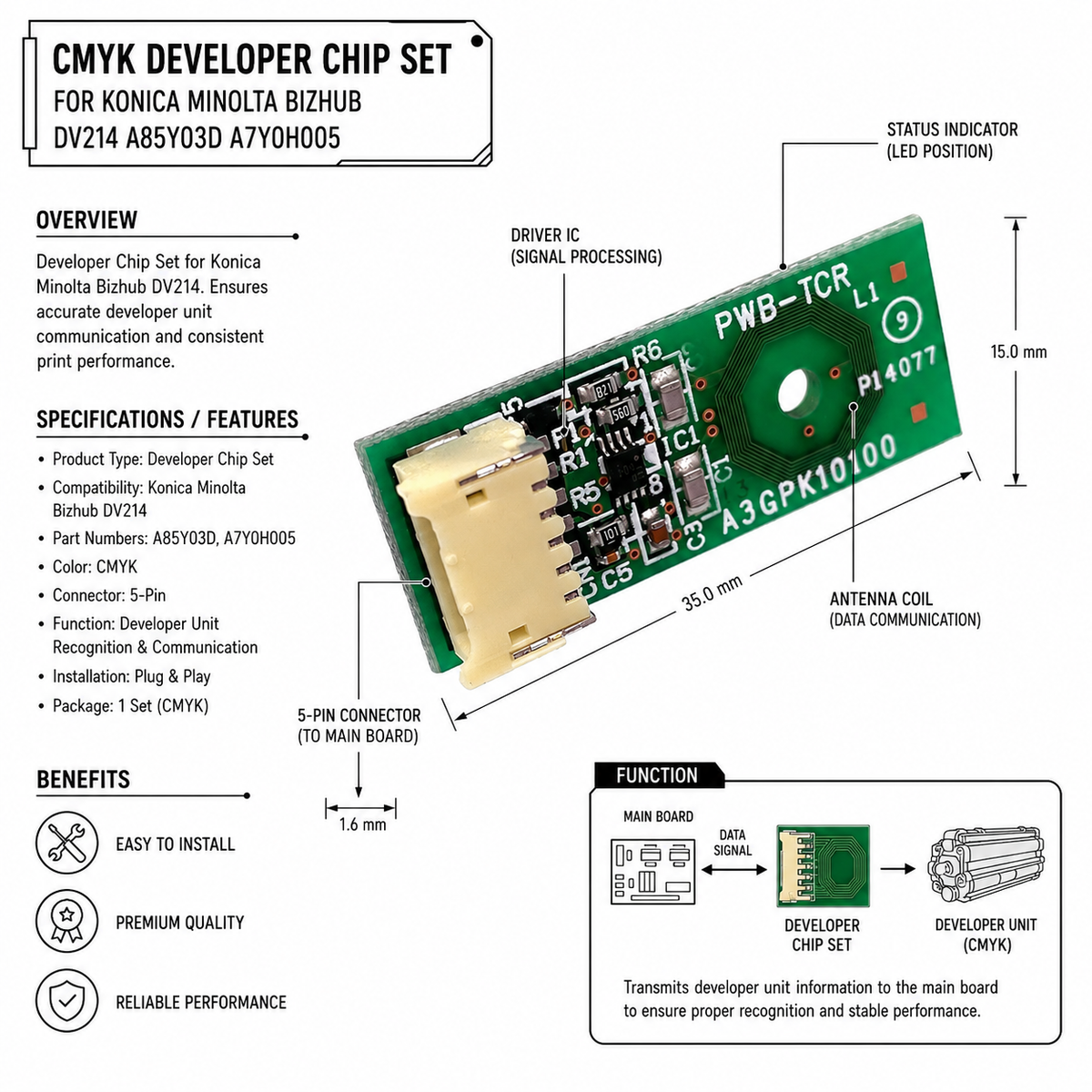 Digital Copier CMYK Developer Chip Set of 4 for Konica Minolta C256 C308 C458 C658 | DV214 A85Y03D A7Y0H005 | C M Y K Chips | Value Price