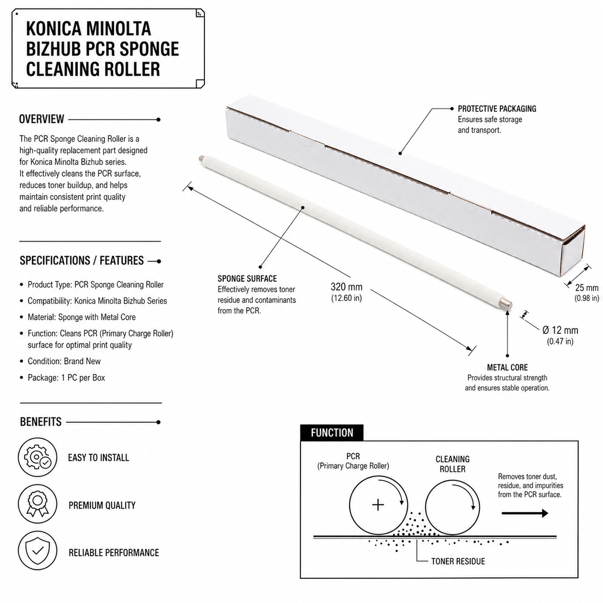 Konica Minolta PCR Sponge Cleaning Roller | C226 C287 C250i C360i | Durable Compatible Value Replacement