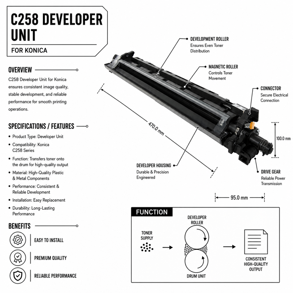 Digital Copier Refurbished Konica Minolta C258 Yellow Developing Unit Without Developer Powder | Compatible in C258, C368, C458, C558, C658 | Durable Restored Quality | Affordable Solution