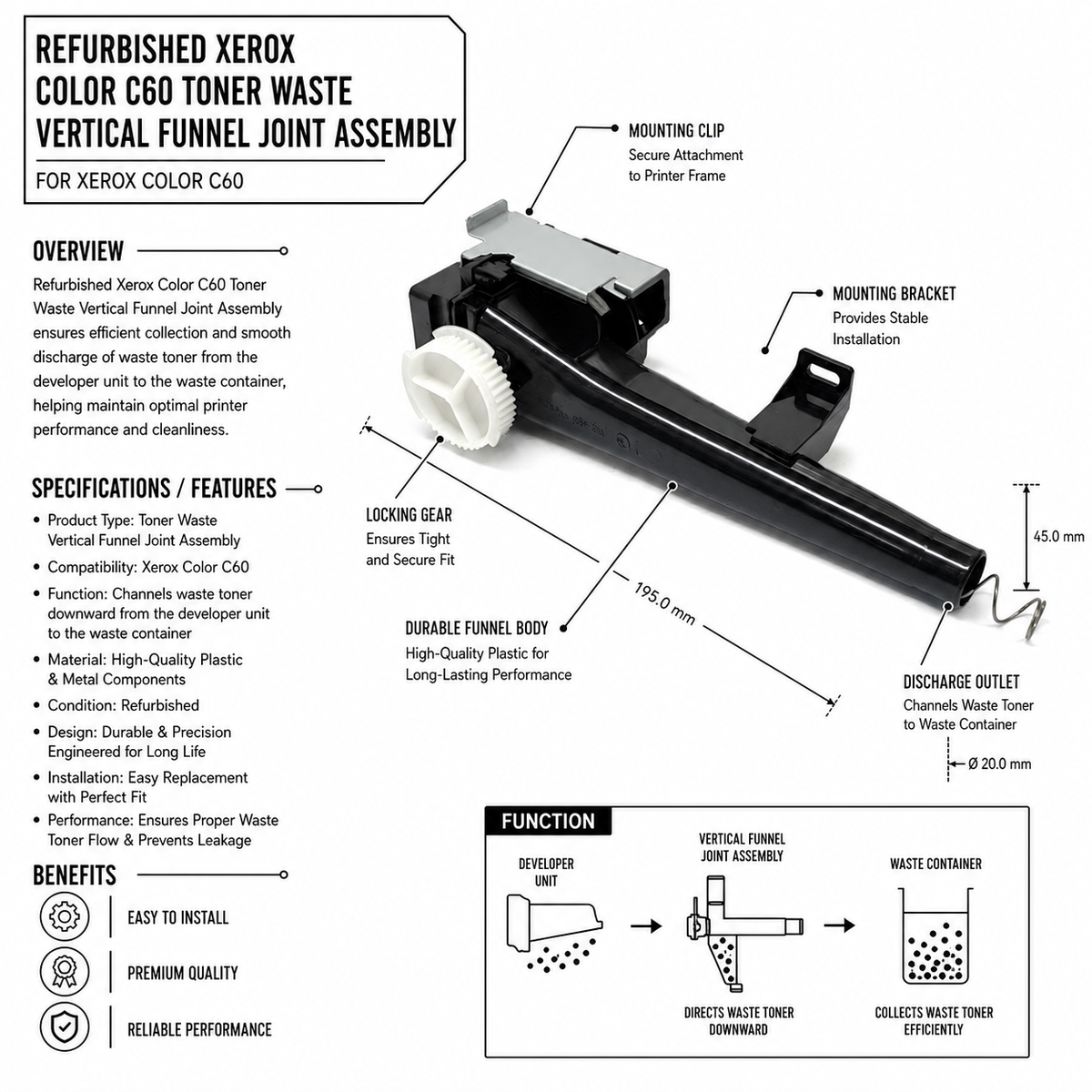 Digital Copier Refurbished Xerox Color 550 Toner Waste Vertical Funnel Joint Assembly | OEM 093K20000 | Compatible for 550 C60 C70 | Waste Toner Flow Part | Durable Quality