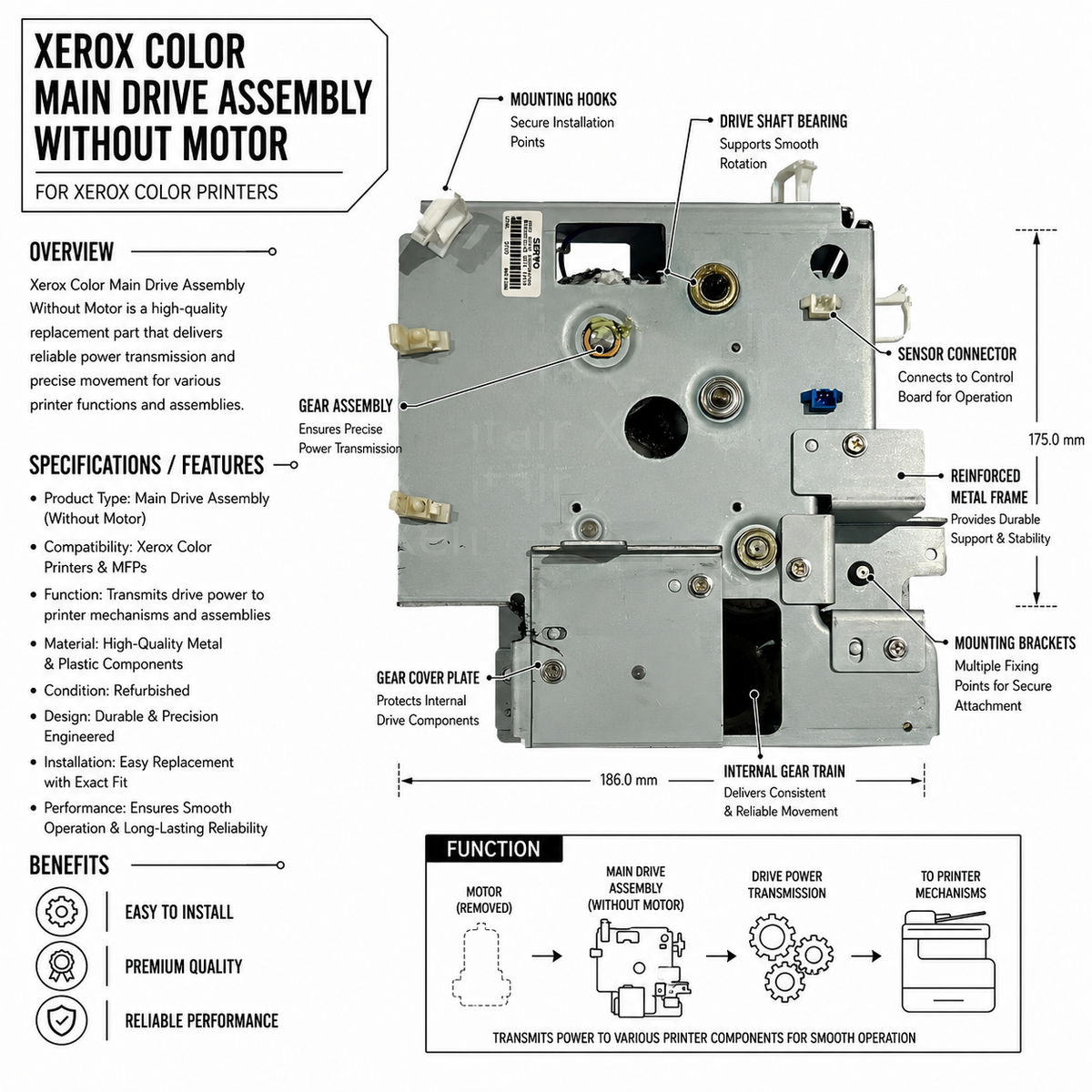 Digital Copier Refurbished Xerox Color Main Drive Assembly Without Motor | OEM 007K17410 | Compatible in 550 560 570 C60 C70 | Copier Machine Drive Replacement Part | Durable Restored Quality
