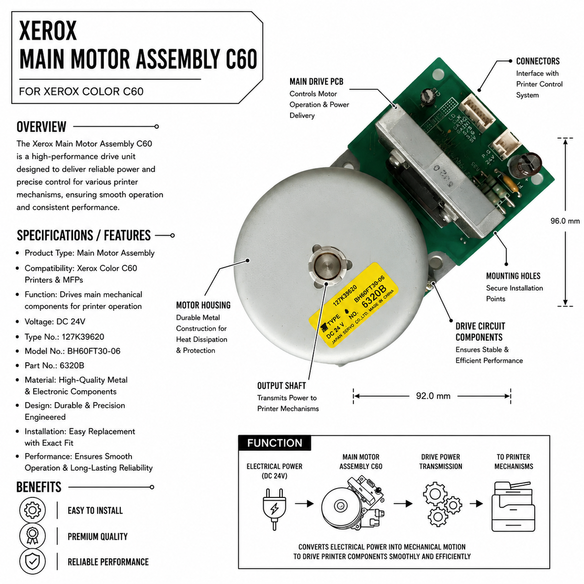 Digital Copier Refurbished Xerox Main Motor Assembly C60 | OEM 127K39620 | Compatible in 550 C70 WC7765 | Copier Machine Drive Motor Part | Durable Quality