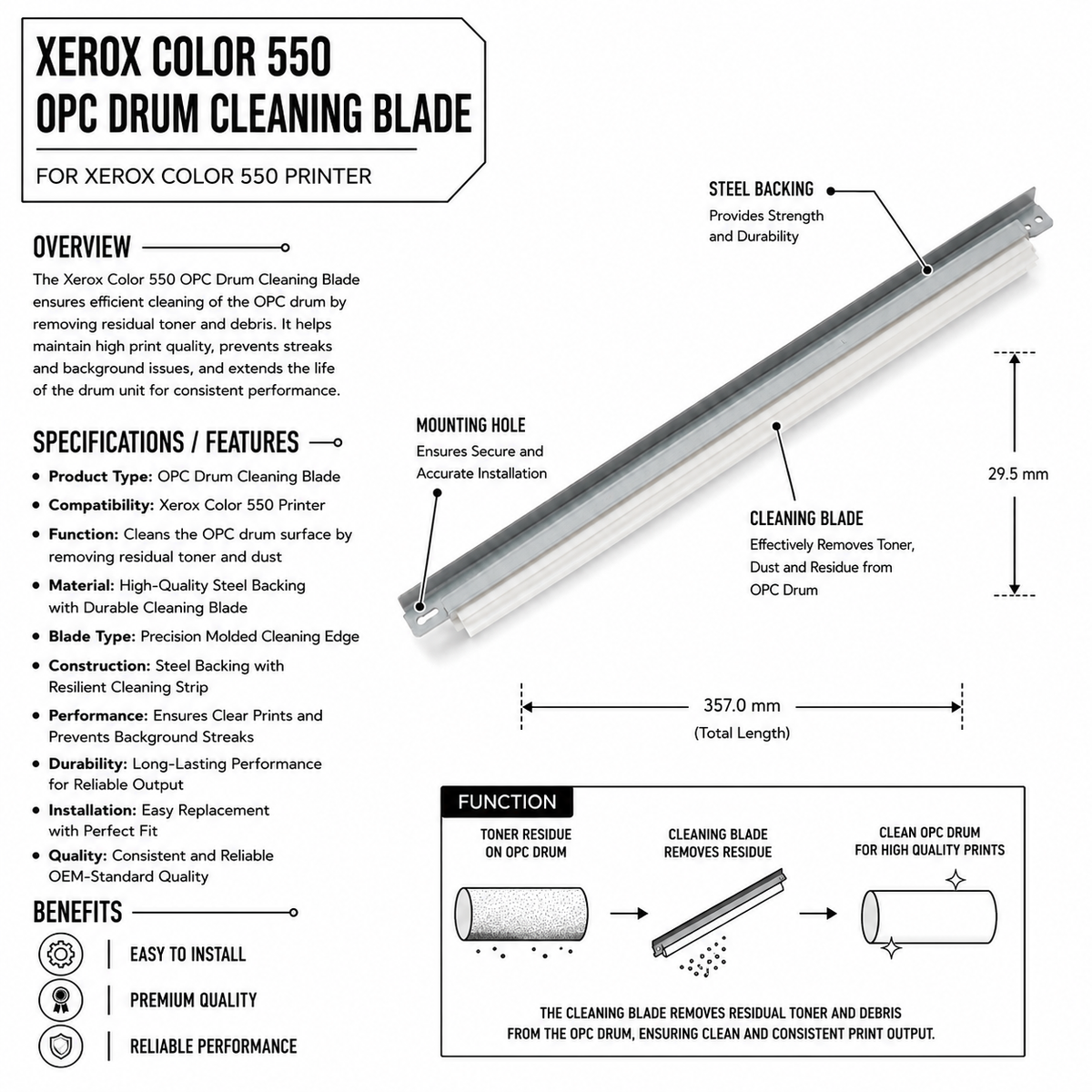 Digital Copier Xerox Black OPC Drum Cleaning Blade | Compatible for 550 C70 DC250 J75 | Durable Quality | Value Price