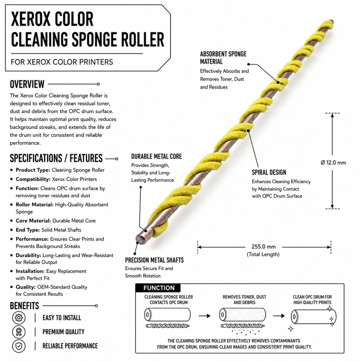Digital Copier Xerox Color 550 Cleaning Sponge Roller | Drum Cleaning Sponge Roller Replacement | Compatible in Color 550 C60 C70 DC250 J75 C75 | Durable Quality | Value Price