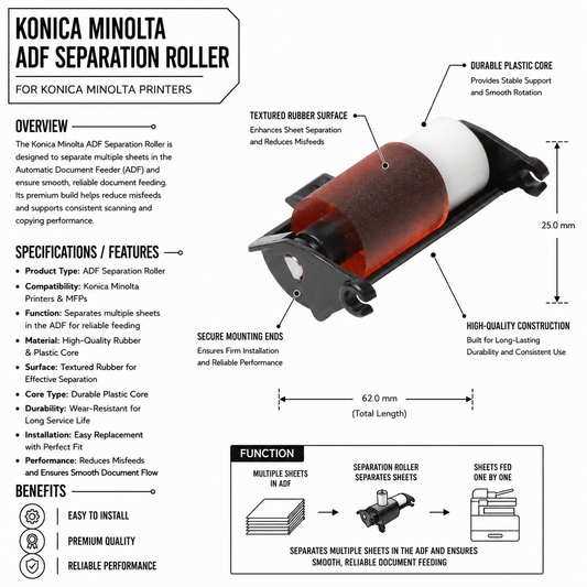 Digital Copier Konica Minolta ADF Separation Roller | OEM A3CFPP4H00 | Compatible in C224e C454 C554 C368 Series | ADF Paper Feed Replacement Part | Durable Quality