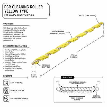 Konica Minolta PCR Cleaning Roller | Yellow | Compatible in C258 C287 C368 C458 C558 C658 | High Durability | Value Price