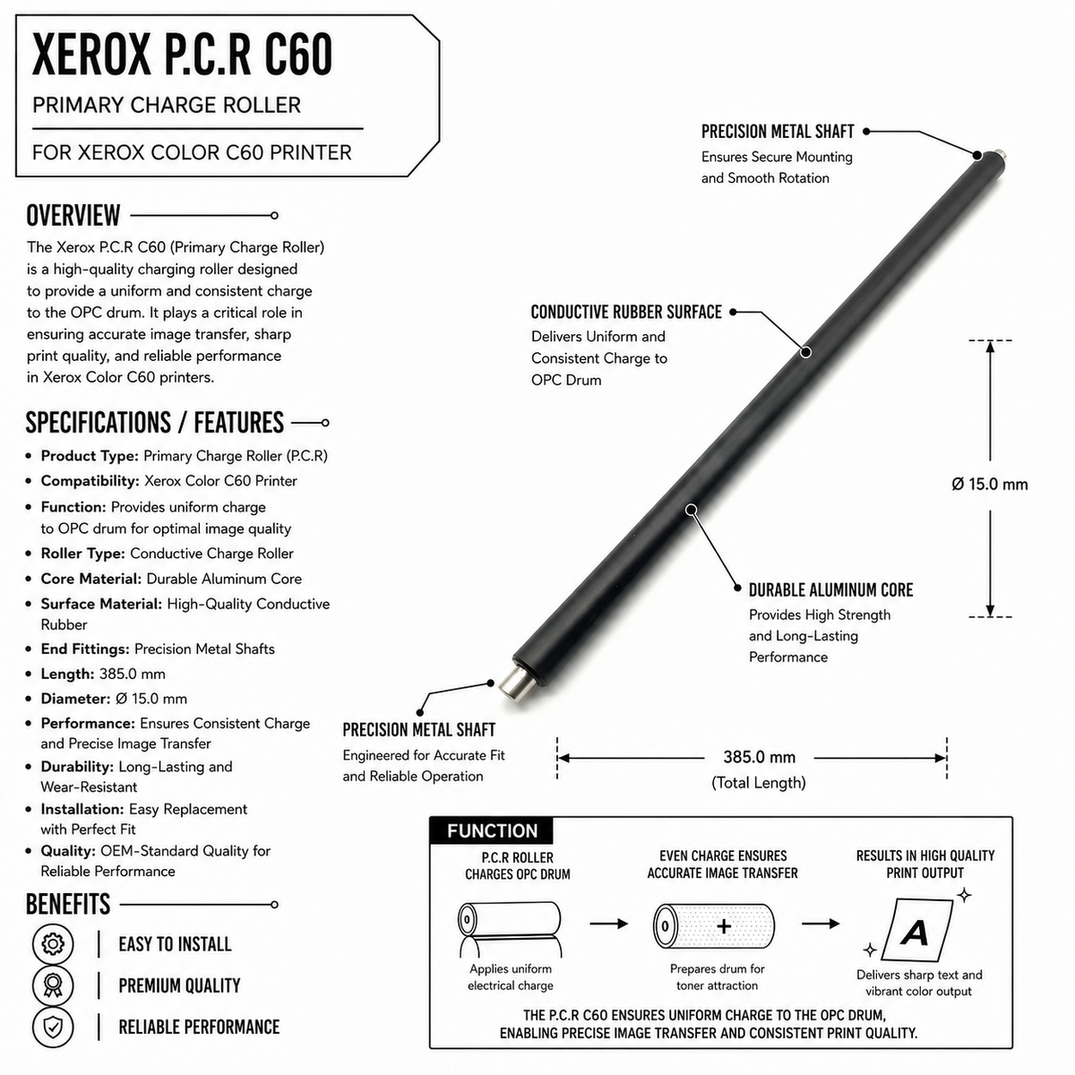 Digital Copier Xerox CMY PCR Roller | Cyan Magenta Yellow Primary Charge Roller | Compatible in Color 550 C60 C70 DC250 J75 C75 | Durable Quality | Value Price