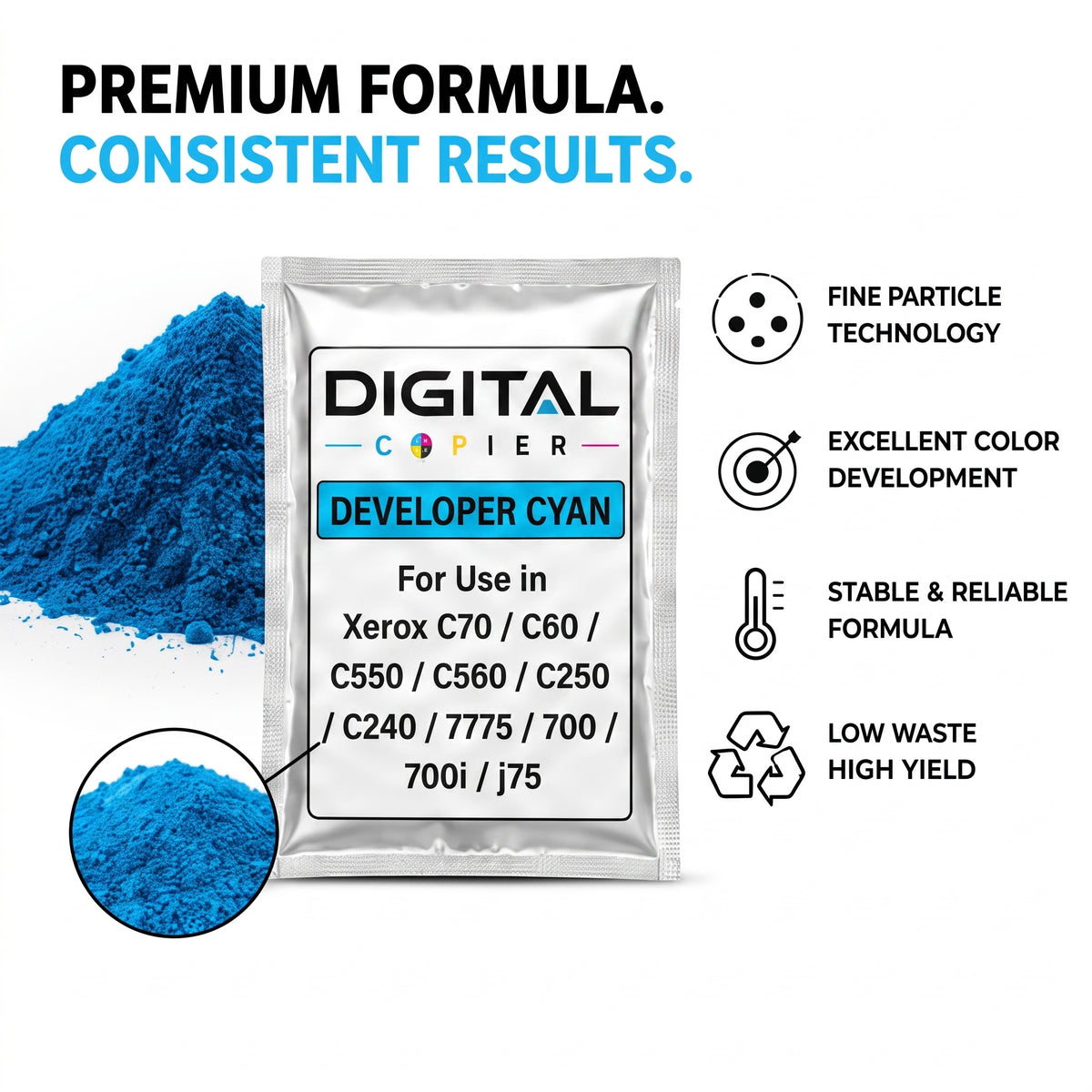 Digital Copier Xerox Cyan Developer Powder | Compatible in Color C60 DCP770 DC250 J75 C75 550  | OEM Quality Developer Powder | Durable Quality | Value Price