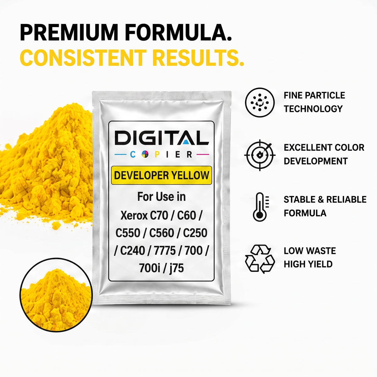Digital Copier Xerox Yellow Developer Powder | Compatible in Color C60 DCP770 DC250 J75 C75 550 | OEM Quality Developer Powder | Durable Quality | Value Price